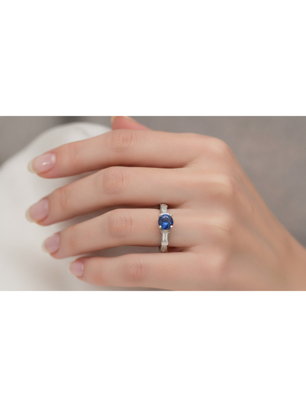 10K White Gold Baguette Baguette Diamond and  Sapphire Designer Ring size 7
